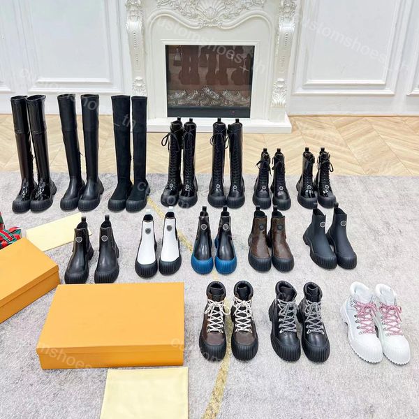 

23ss ruby flat ankel boots women luxury patent calfskin leather knee boot printed lace up casual shoes platform chunky rubber sole 35-41, Black