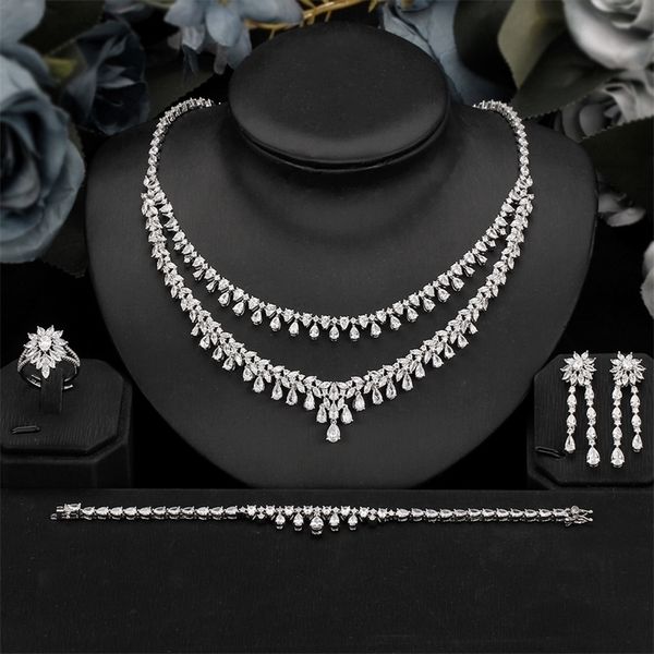 

wedding jewelry sets bride talk women fashion set 4 pcs necklace ring earrings bracelet shiny cubic zirconia super quality lady accessories, Slivery;golden