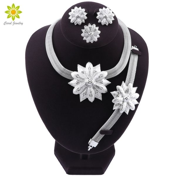 

wedding jewelry sets bridal silver plated necklace earrings bracelet ring for brides party accessories flowers costume decoration gifts wome, Slivery;golden