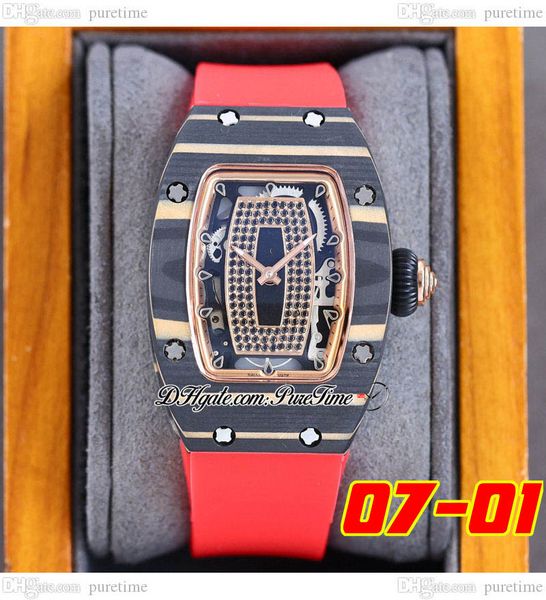 

07-01 carbon fiber miyota automatic ladies watch womens watches rose gold inner black diamonds skeleton dial red rubber strap super edition, Slivery;brown
