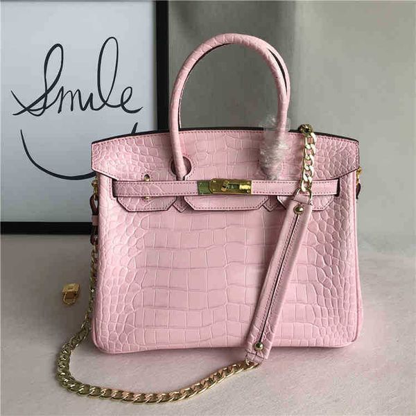 

herme bag birkins crocodile tote cowhide women's fashion pink pattern portable one shoulder slanting chain
