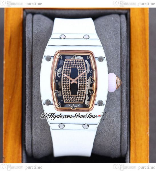

07-01 carbon fiber miyota automatic ladies watch womens watches black diamonds skeleton dial white rubber strap super edition puretime a1, Slivery;brown