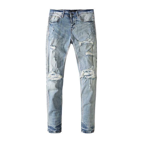 

men's jeans amri ripped pants fashion hip hop wash water hole breaking blue cashew nut light color slim fit women's high street br