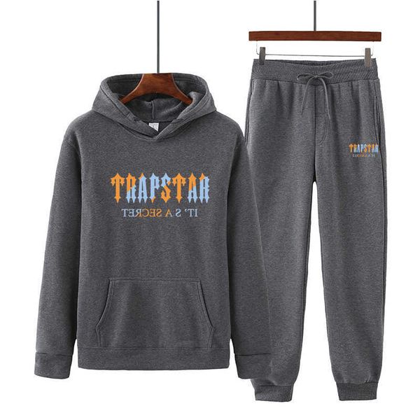 

trapstar london 2022 men's new long sleeves tracksuit hooded sweatshirts sportswear suits pullover two pieces sets, Gray