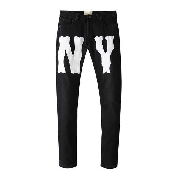 

men's jeans amri ripped pants fashion hip hop taped embroidery casual harlan slim straight print baggy fit denim elastic emqv miri patc, Blue