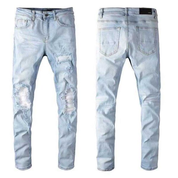 

men's jeans amri ripped pants fashion hip hop brand high street knee fold light blue slim elastic trendsetter fit denim 0w43 miri patch
