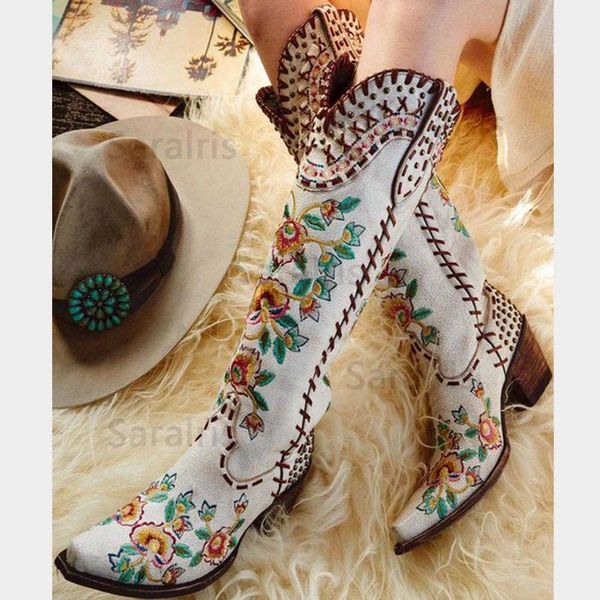 

boots 2022 new fashion spring autumn knee high boots square toe casual ethnic embroider comfy walking women western bootsg221111, Black