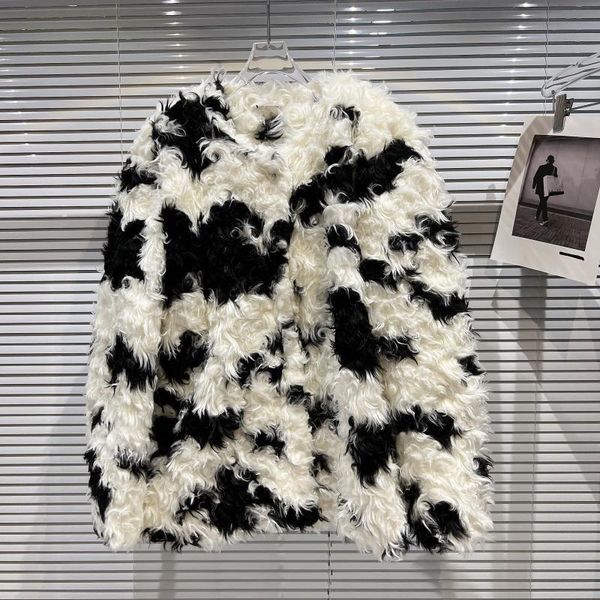 

women coat thanksgiving gift winter imitation fox curly faux fox fur lapel jacket outdoor leisure fashion street long sleeve cow print coats, Black