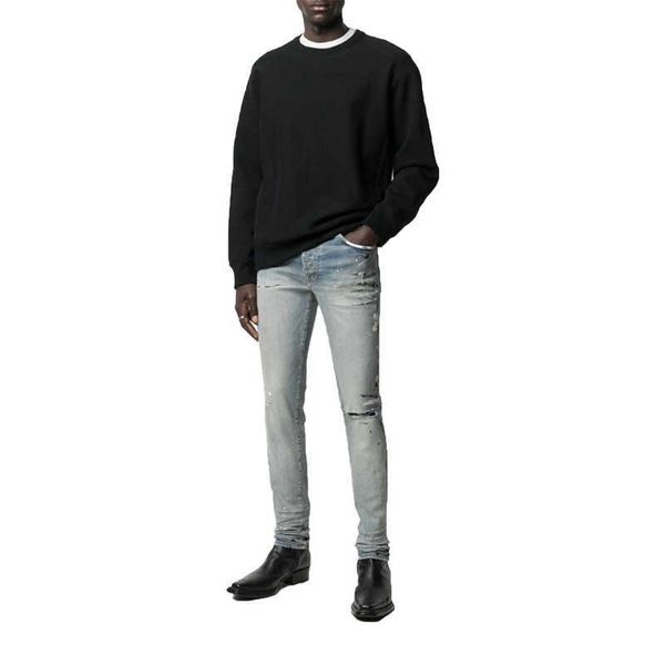 

men's jeans amri ripped pants fashion hip hop same brand splashed ink hole slim fit for men women high street denim elastic k8u6, Blue