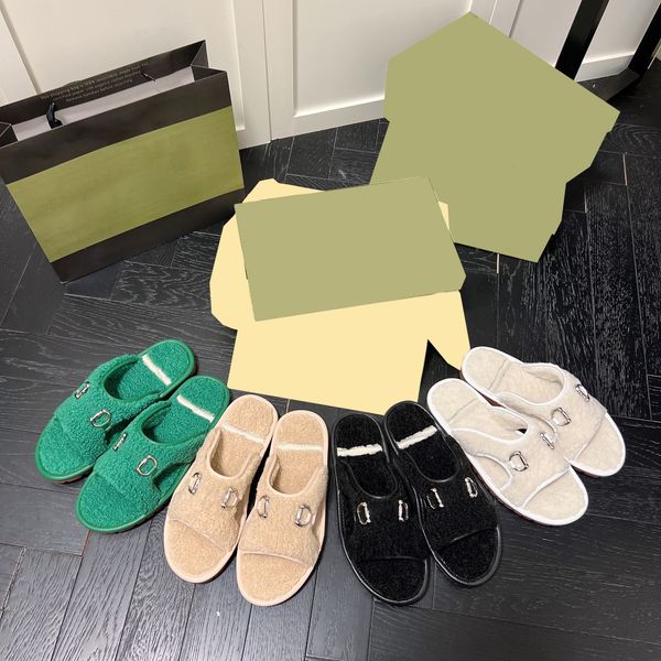 

womens double g fur slipper women home muller flat sandals warm plush casual shoes slide slippers horsebit metal buckle loafers fleece sanda, Black