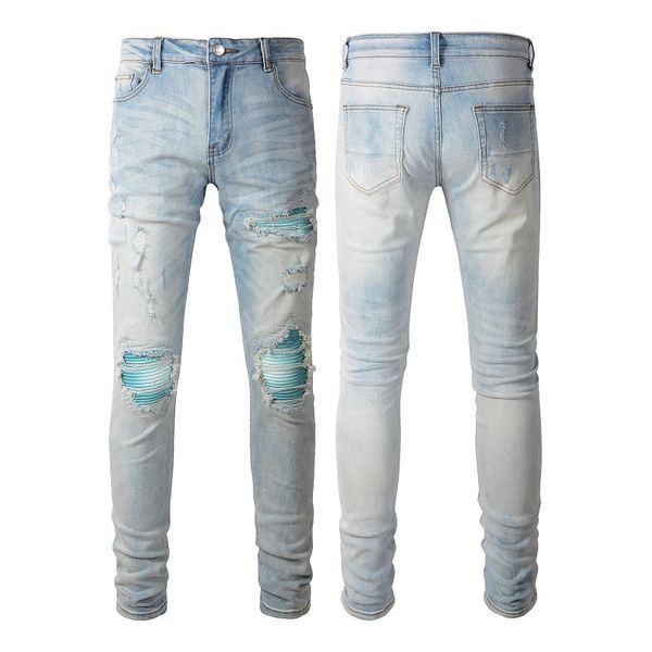 

male denim jeans mid-waist distressed slim fit cut zipper fly cracked patches vt3m, Blue