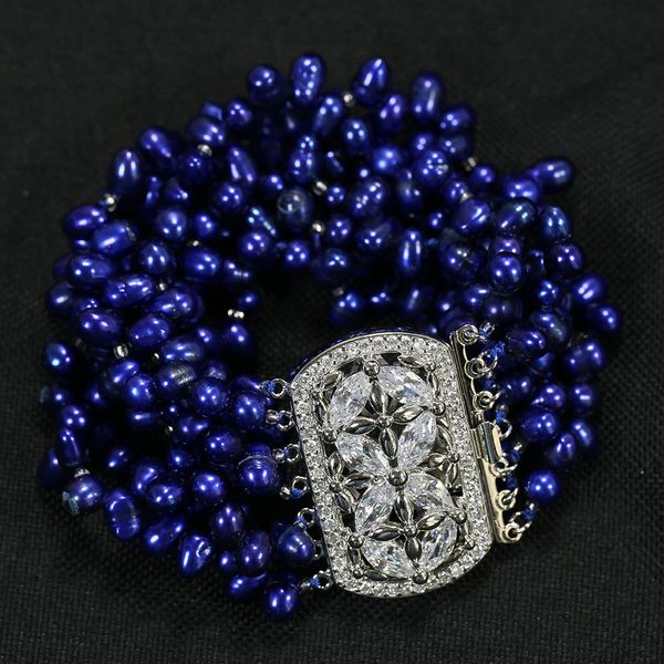 

natural 7 rows natural blue rice pearl muti strands bracelet cz paved clasp lady fashion jewelry gift, Black