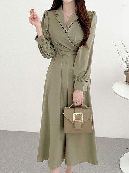 

Casual Dresses Chic Elegant Notched Collar Women A-line Dress Full Sleeve Slim Waist Ladies Solid 2022 Midi Vestidos, Black