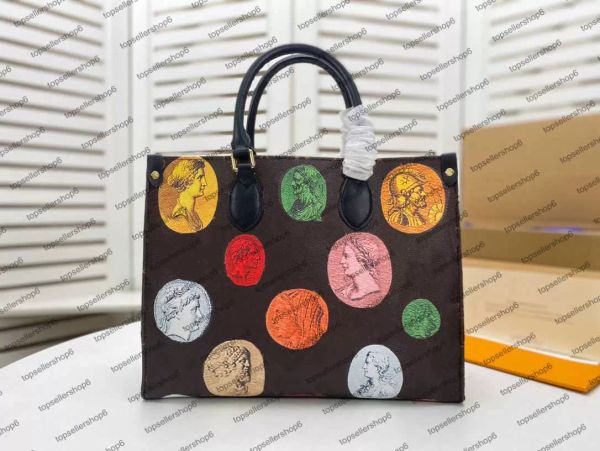 

m45923 designer women shopping bag fornasetti capsule cameos antique coins greco-roman motif print calf leather onthego handbag purse tote