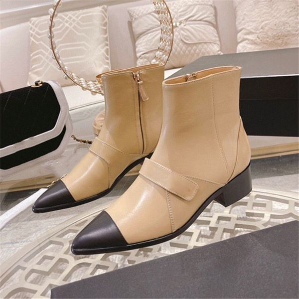 

color blocked pointed head side zipper thick heel fashion boots new martin boot size 35-39, Black