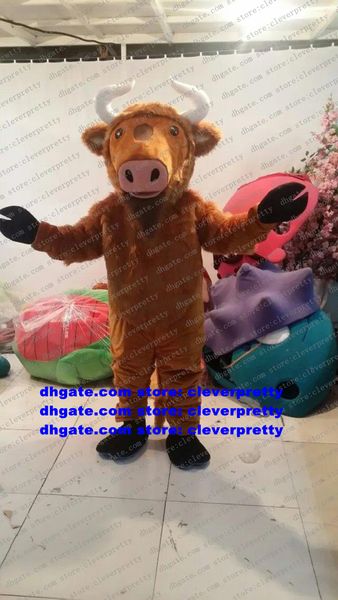 

brown kerbau buffalo bison mascot costume wild ox bull cattle calf cartoon character outfit suit shop celebration zx1640, Red;yellow