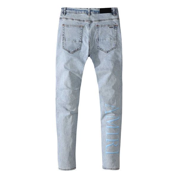 

men's jeans amri ripped pants fashion hip hop pierced beggar knee slim fit trendy leggings denim elastic qc38 miri patch blue black cas