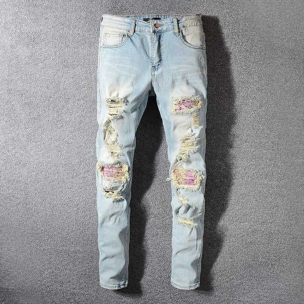 

men's jeans amri ripped pants fashion hip hop wear version hole good slim fit large 589 denim elastic syy9 miri patch blue black casual