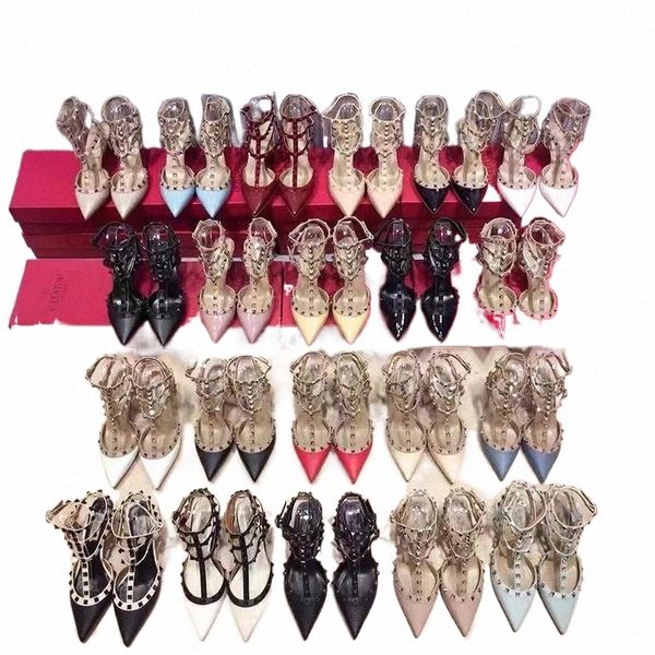 

designer women sandals high heels party fashion rivets girls pointed shoes dance shoes wedding double straps 87ts#, Black