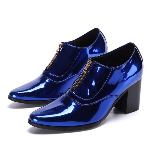 

7cm mens high heels blue genuine leather dress shoes zipper oxford shoes for men thick heel nightclub party classic shoe, Black