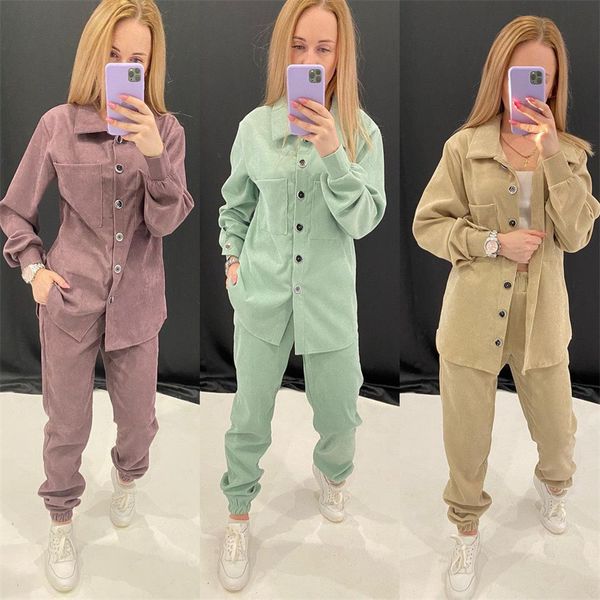 

women's corduroy european and american solid color fashion two-piece set, White