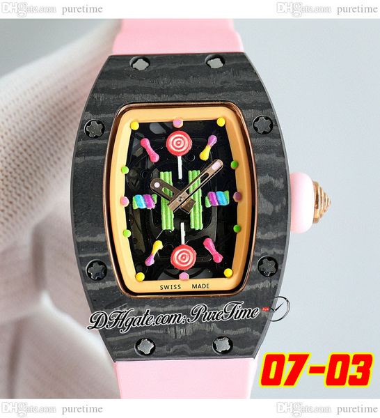 

07-03 bonbon carbon fiber miyota automatic ladies watch womens watches yellow inner black colors skeleton dial pink rubber strap super editi, Slivery;brown