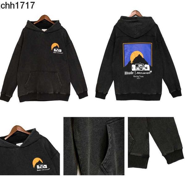 

sweater worn washed loose racing style rhudes mountain star moon pullover hoodie trend, Black