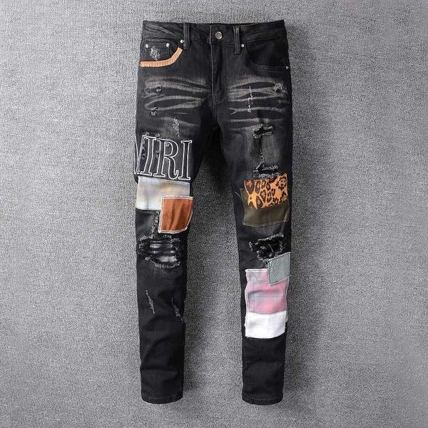 

men's jeans amris pants men amri ripped fashion hip hop high street leopard pasted cloth brand large slim fit denim elastic wnvq miri, Blue