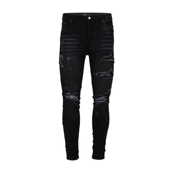 

men's jeans amri ripped pants fashion hip hop casual high street worn out wash splash ink slim fit hole men denim elastic 6iax miri pat, Blue