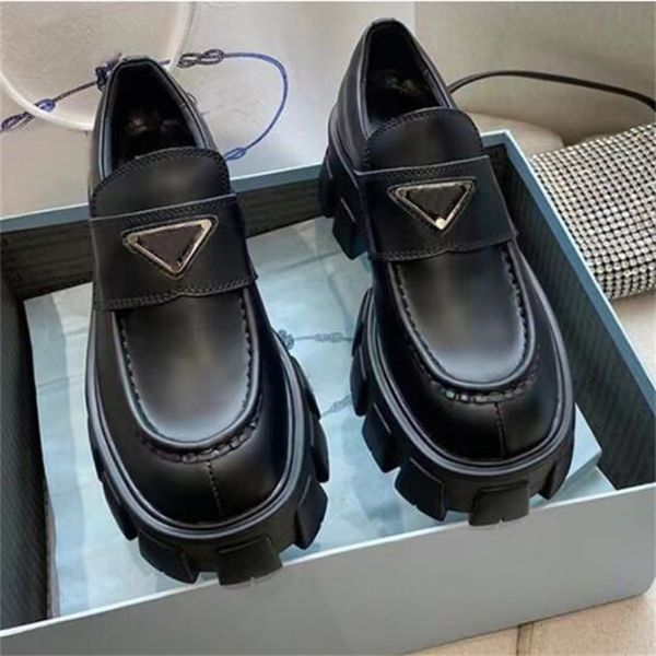 

designer dress shoe women loafer shoes leather sneakers soft cowhide thick sole rubber luxury platform round toe slip-on casual shoes, Black
