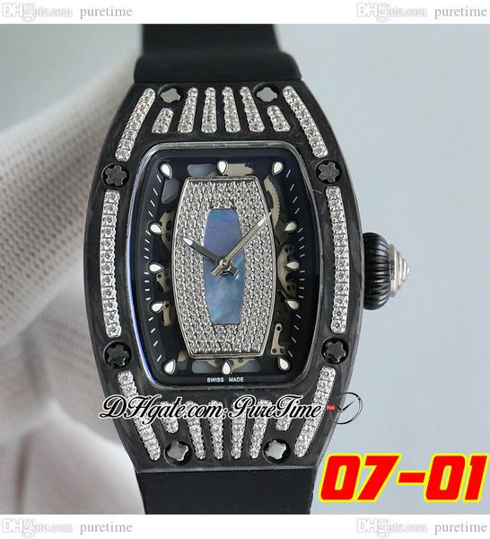 

07-01 carbon fiber diamonds miyota automatic ladies watch womens watches two tone steel blue skeleton dial black rubber strap super edition, Slivery;brown