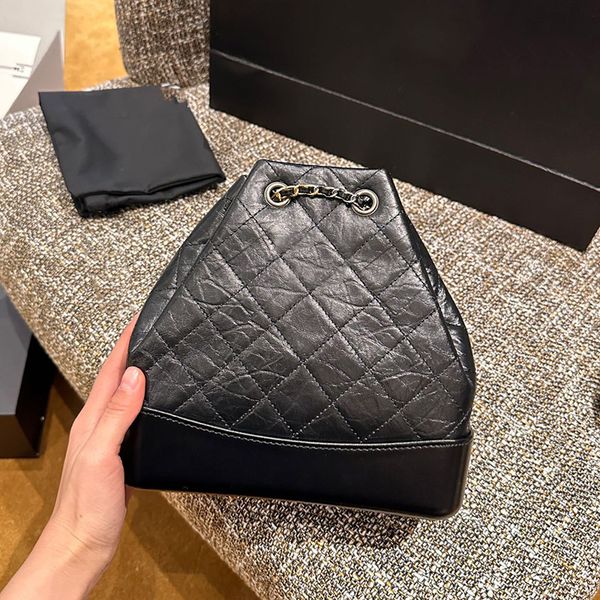 

22f/w vintage womens classic drawstring black backpack bags quilted aged gold-silver metall hardware matelasse chain crossbody shoulder buck