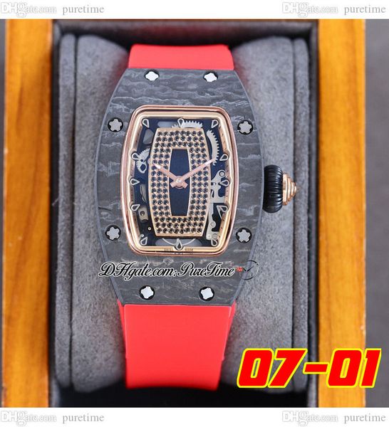 

07-01 black carbon fiber miyota automatic ladies watch womens watches rose gold inner black diamonds skeleton dial red rubber strap super ed, Slivery;brown