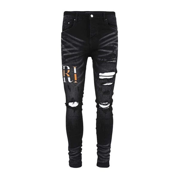 

men's jeans amri ripped pants fashion hip hop new high elastic alphabet print classic slim fit skinny denim dmyf miri patch blue black