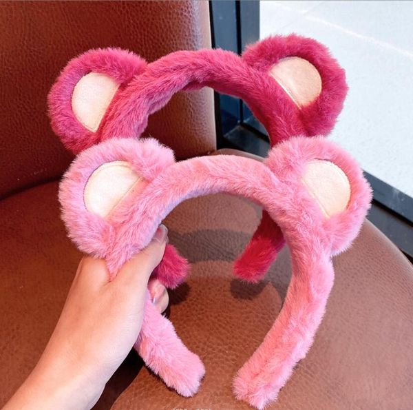 

korean plush strawberry bear hair-band new winter women face wash head hoop cartoon faux fur hairband girls head-wear gifts baby kids matern, Slivery;white
