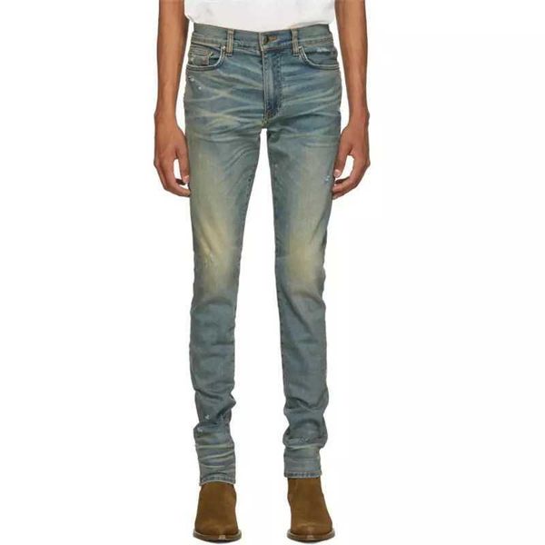 

men's jeans amri ripped pants fashion hip hop brand style yellow mud blue worn hole slim solid color for men women fit denim elastic pt