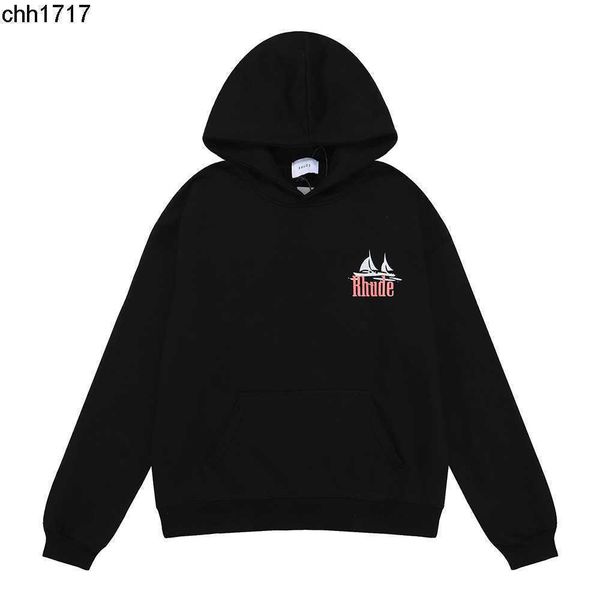 

ins us fashion rhudes sailboat printed terry hoodie men's and women's casual loose hoodie, Black