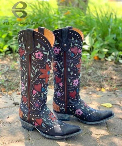 

boots cowgirls cowboy heart floral mid calf boots women stacked heeled women embroidery work ridding western boots shoes big size 46g221111, Black