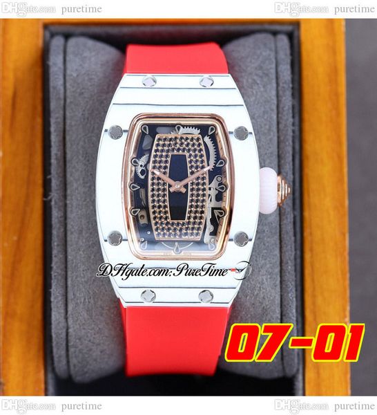 

07-01 white carbon fiber miyota automatic ladies watch womens watches rose gold inner black diamonds skeleton dial red rubber strap super ed, Slivery;brown