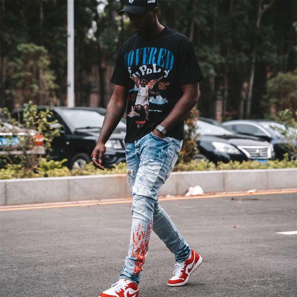 

men's jeans amri ripped pants fashion hip hop high street brand new light color hole orange flame printing elastic slim fit denim uwdi, Blue