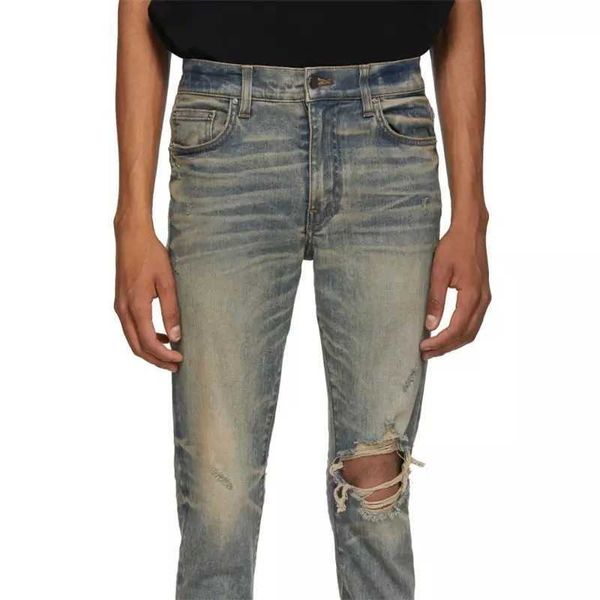 

men's jeans amri ripped pants fashion hip hop brand cashew yellow mud dirty coating hole slim fit for men women denim elastic kt6v miri, Blue