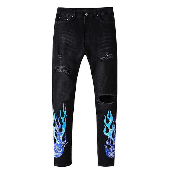 

men's jeans amri ripped pants fashion hip hop black paint printing elastic versatile straight slim fit denim xmmf miri patch blue casua