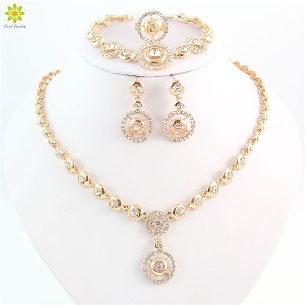

wedding jewelry sets fashion round pendant crystal necklace earrings set gold color african bridal costume 221109, Slivery;golden