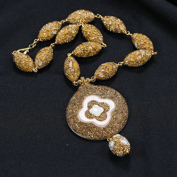 

yellow citrine chips paved beads necklace white pearl flower shell cz pendant handmade for women, Silver