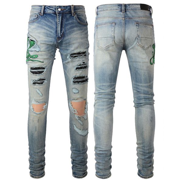 

patches detail biker fit denim jeans men slim motorcycle for mens vintage distressed 77fmj, Blue
