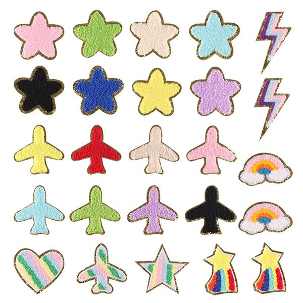 

notions iron on patches flash rainbow cute chenille embroidered patch for diy clothing bags jacket shoes sew on accessories applique 6cm, Black