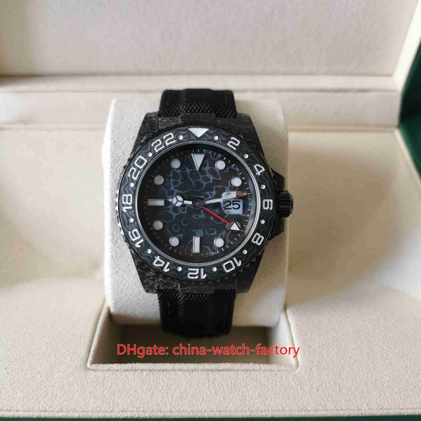 

tw factory mens watch better version watches 40mm diw ntpt gmt carbon fiber hand-made nato-nylon leather cal.3186 movement mechanical automa, Slivery;brown