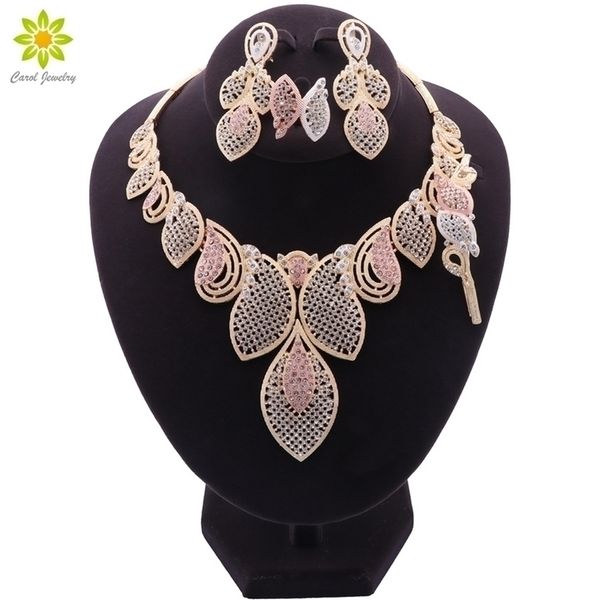 

wedding jewelry sets dubai gold color for women necklace african leaves shape nigerian bridal costume bracelet ring set 221109, Slivery;golden