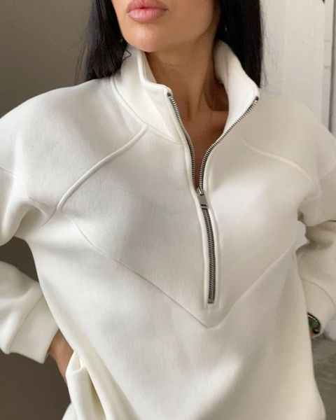 

casual 2 piece active sweatsuit pant set zip-sweatshirt t-5593, White