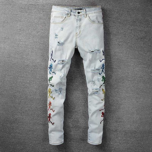 

men's jeans amri ripped pants fashion hip hop menswear personalized embroidery style 673 slim fit denim elastic orwf miri patch blue bl